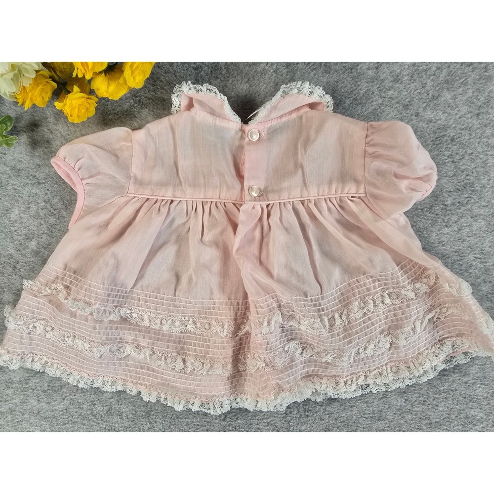 Vintage Nannette Pink Sheer Lace Pintuck Baby Dress Made in USA 1960s 0-6m - Picture 8 of 11